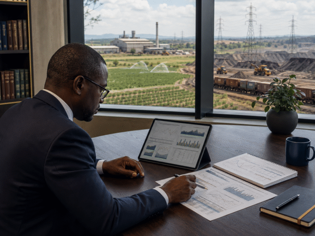Zimbabwean business planning desk with agriculture, mining, manufacturing, energy and logistics elements under a calm but watchful economic outlook.
