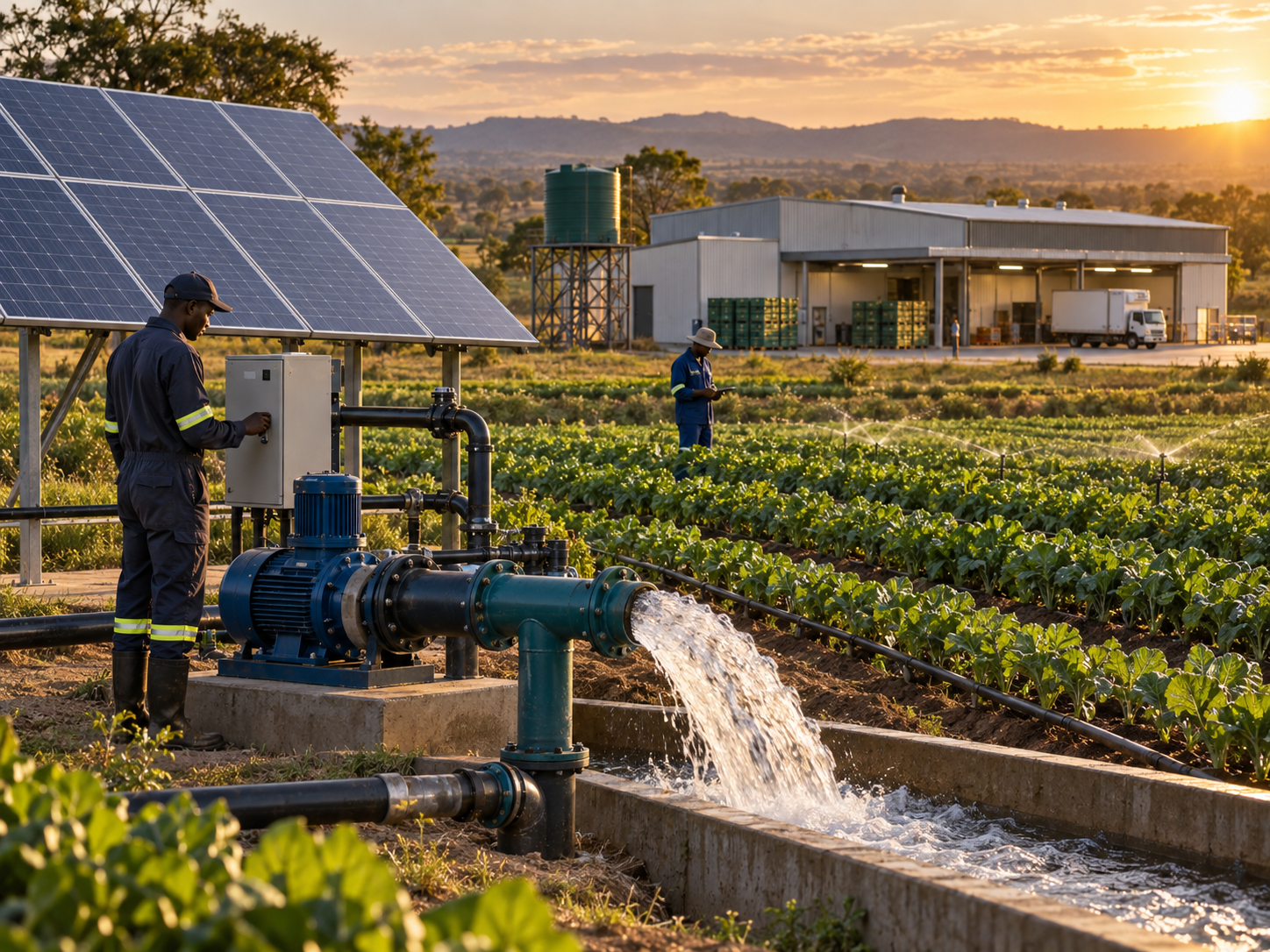 Solar-powered irrigation serving crops and an agricultural processing facility in Zimbabwe, illustrating productive renewable-energy investment.