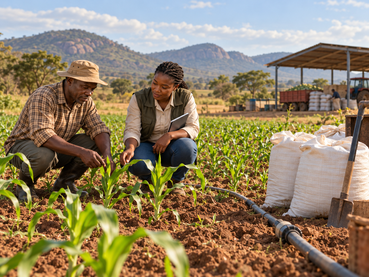 Illustration of a Zimbabwean farmer and field officer preparing a maize field with inputs, irrigation and a produce collection shed.