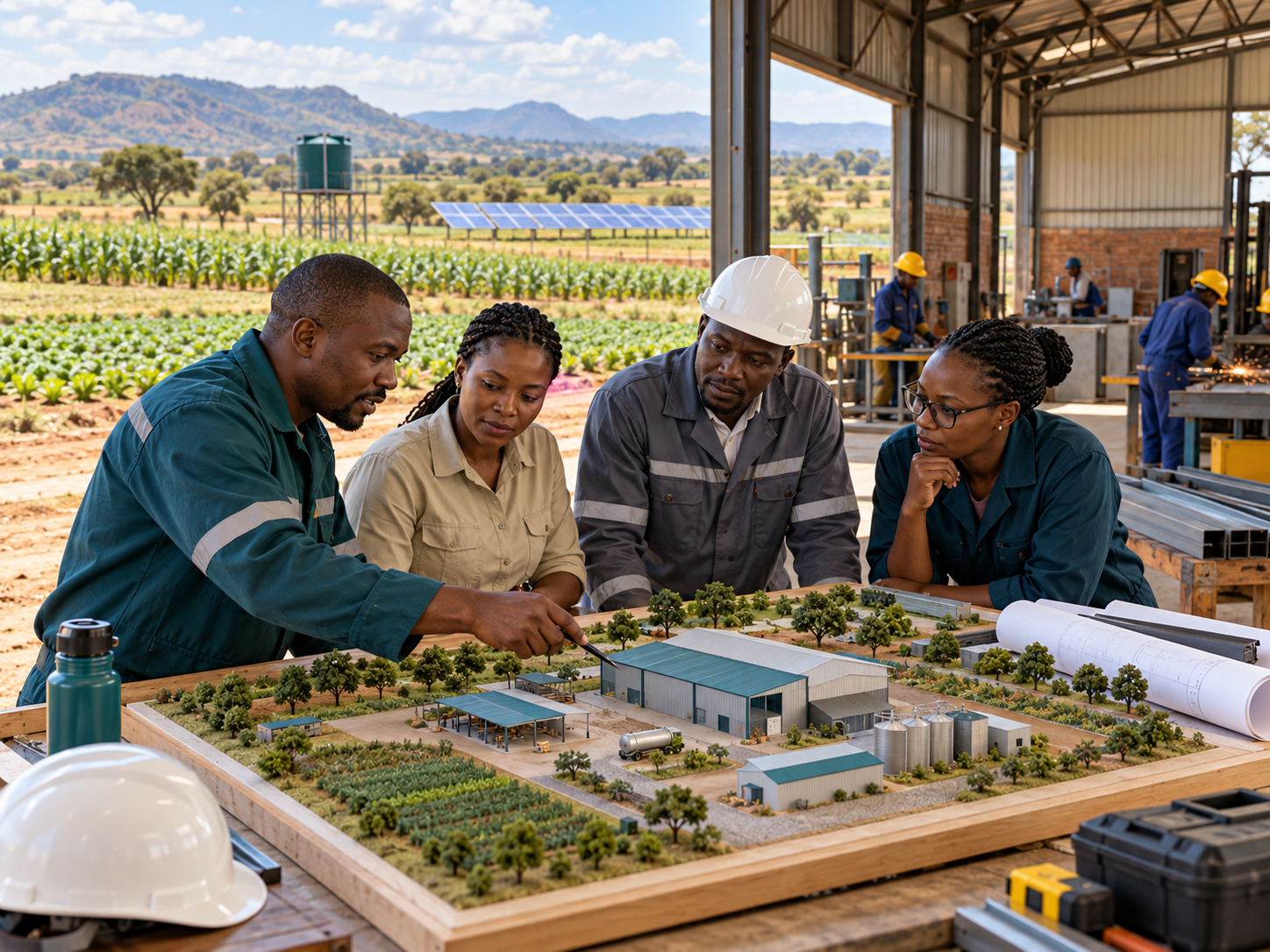 Zimbabwean project professionals assessing a workshop development model with farmland and solar infrastructure in the background.